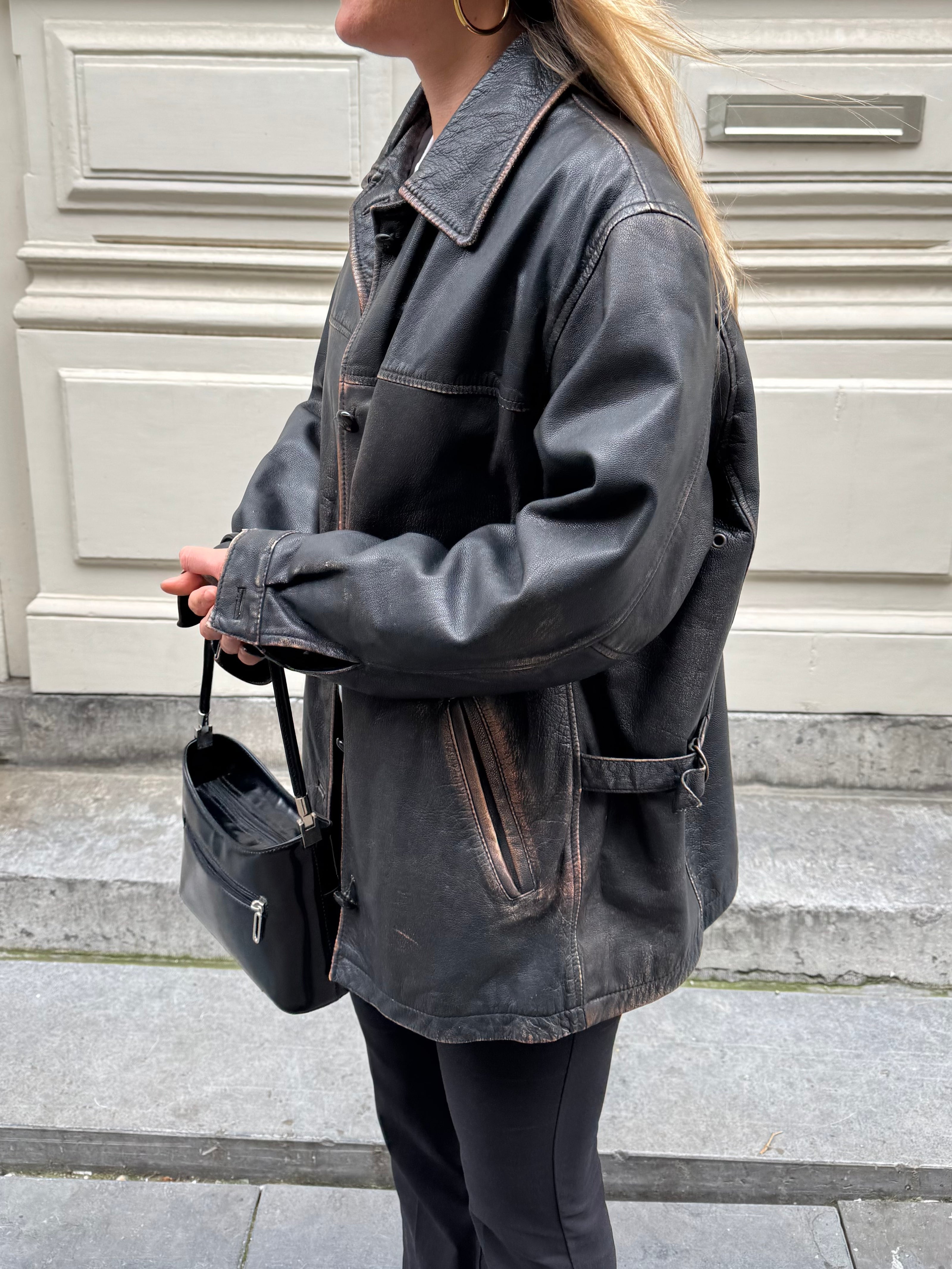Black Worn/Distressed Buttoned Leather Jacket