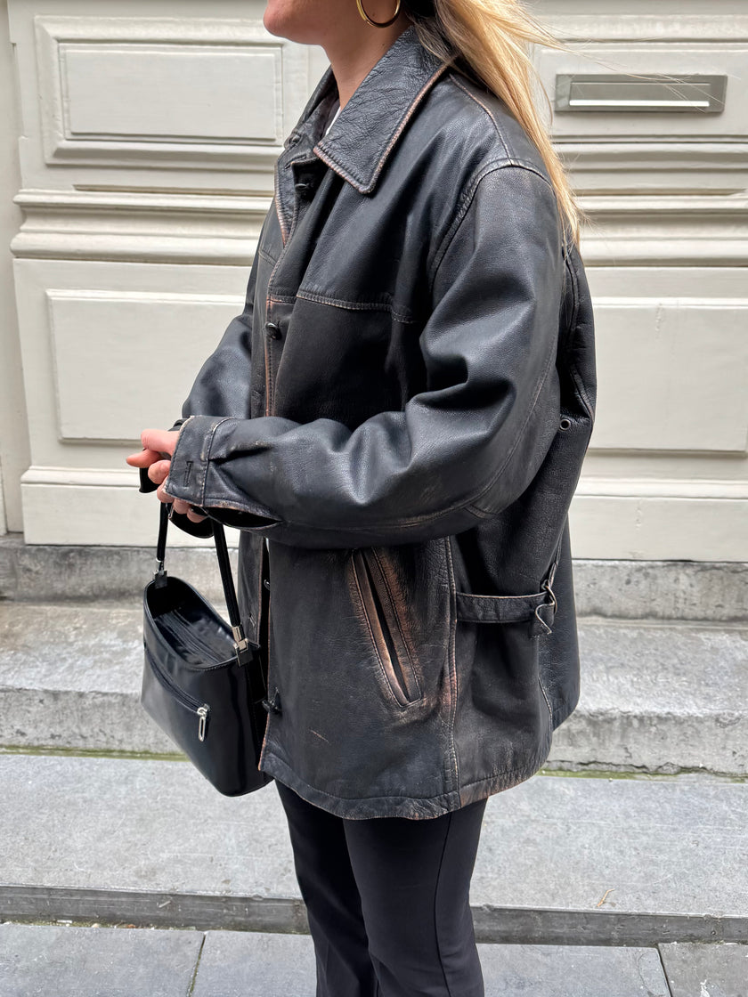Black Worn/Distressed Buttoned Leather Jacket