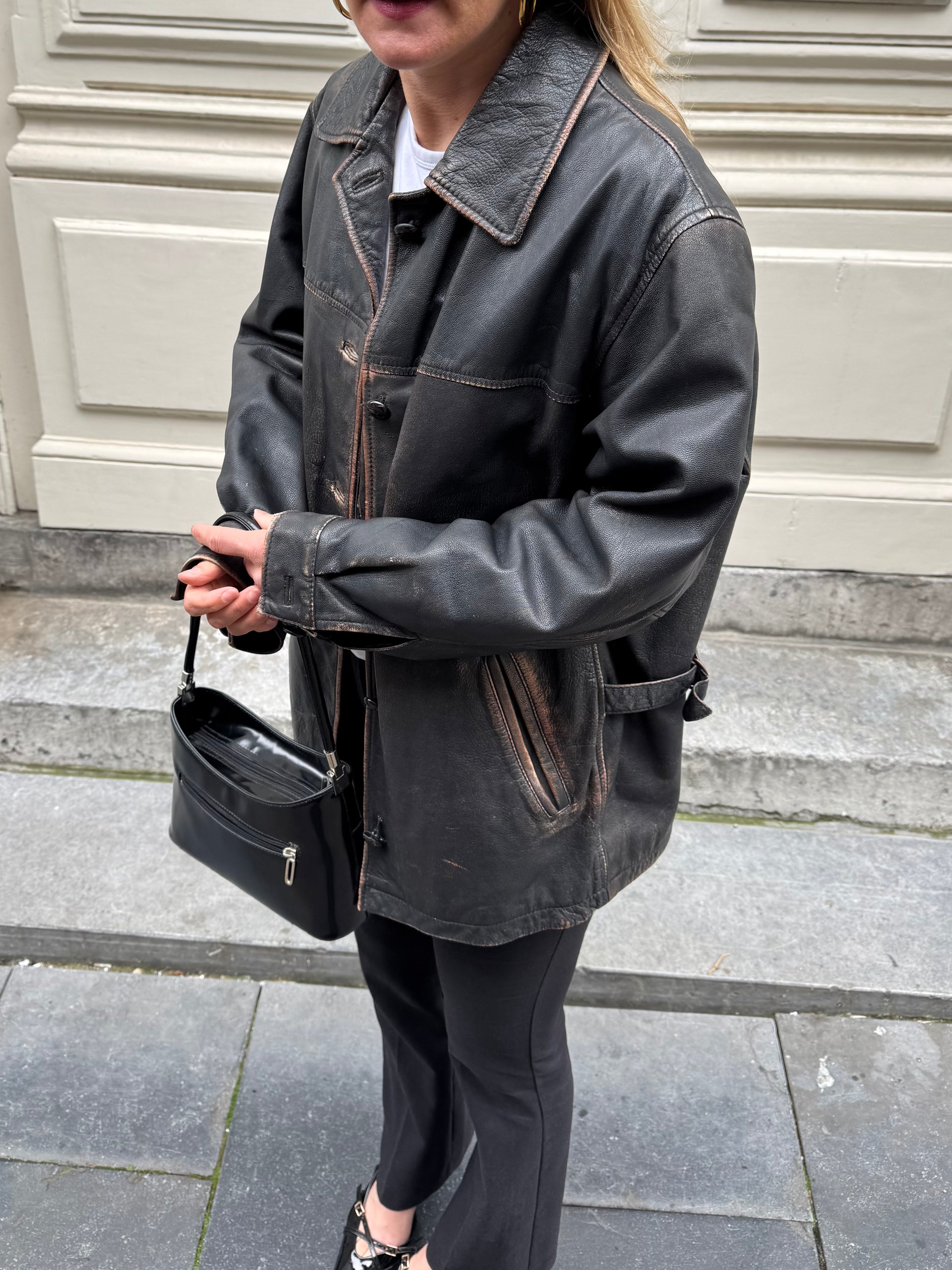 Black Worn/Distressed Buttoned Leather Jacket