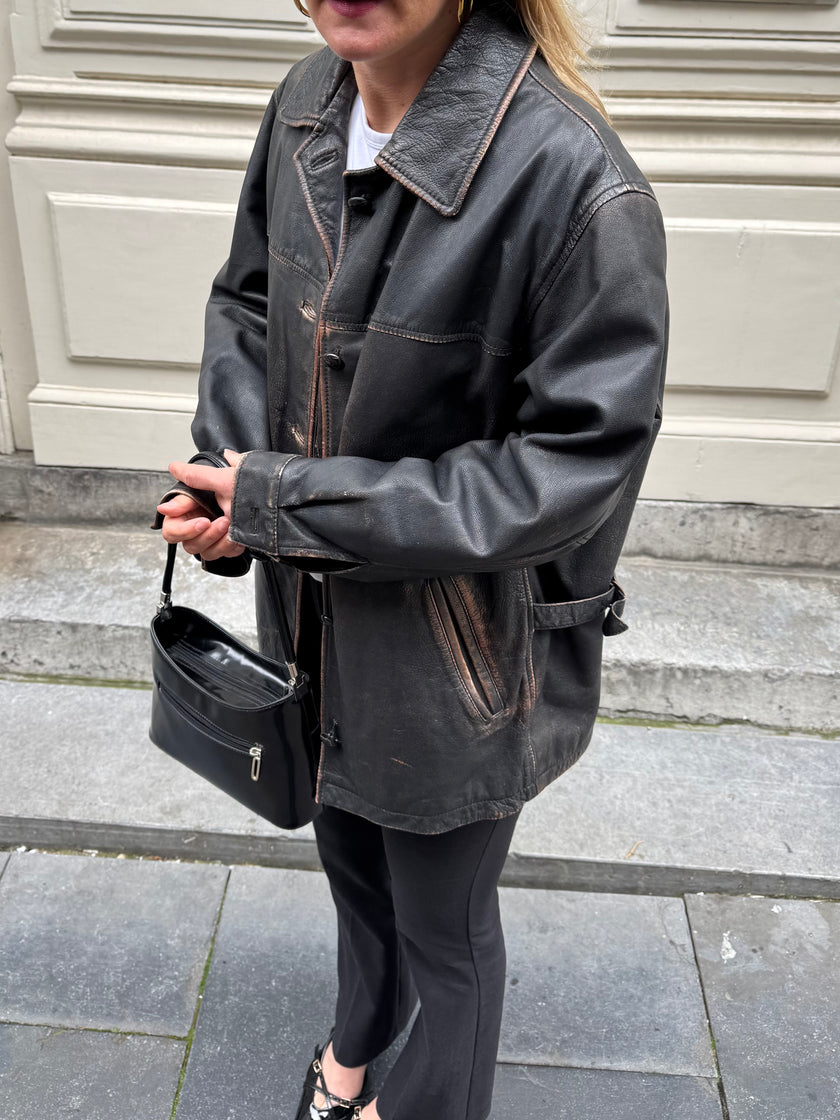 Black Worn/Distressed Buttoned Leather Jacket