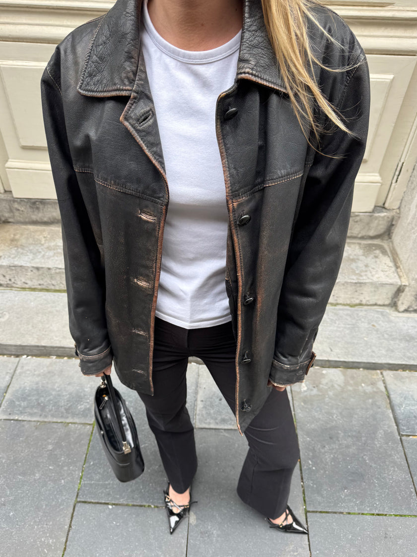Black Worn/Distressed Buttoned Leather Jacket