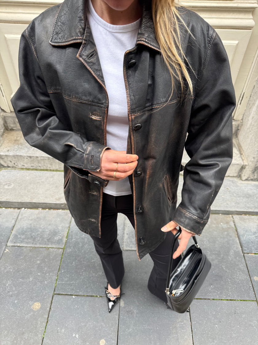 Black Worn/Distressed Buttoned Leather Jacket
