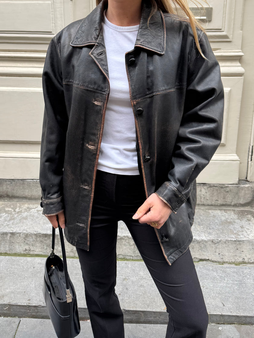 Black Worn/Distressed Buttoned Leather Jacket