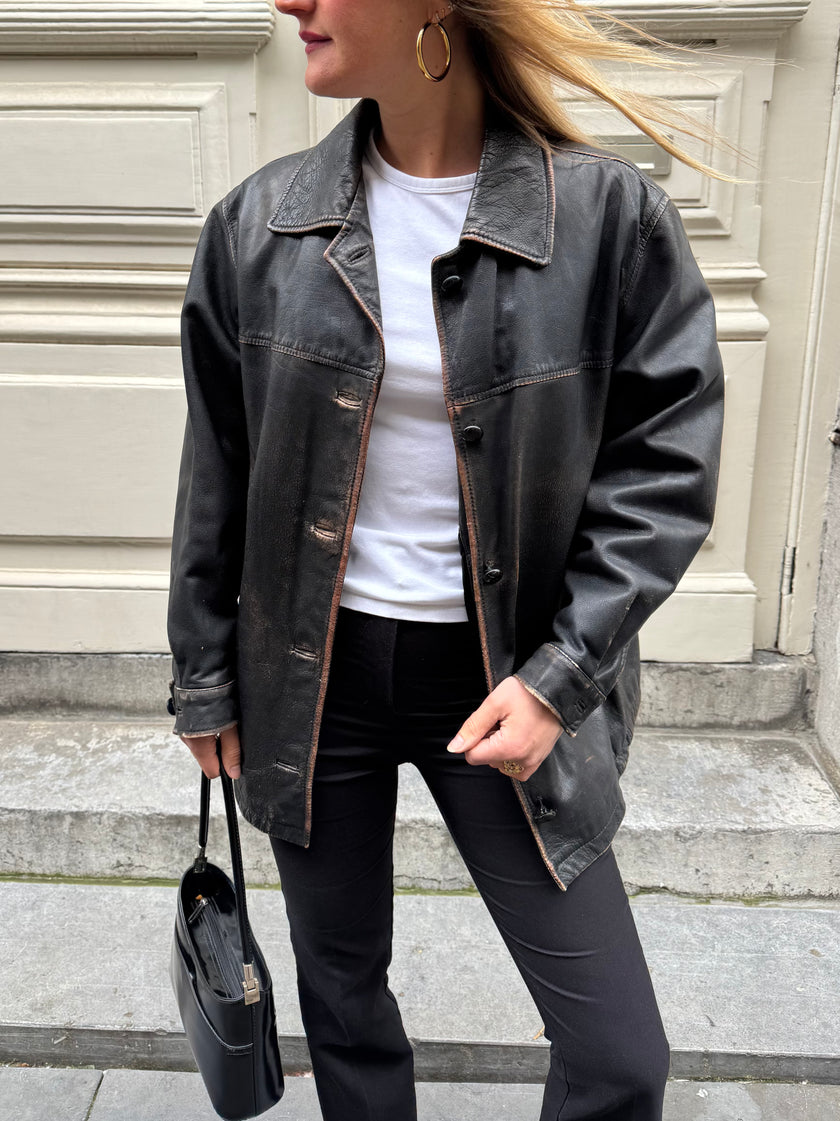 Black Worn/Distressed Buttoned Leather Jacket
