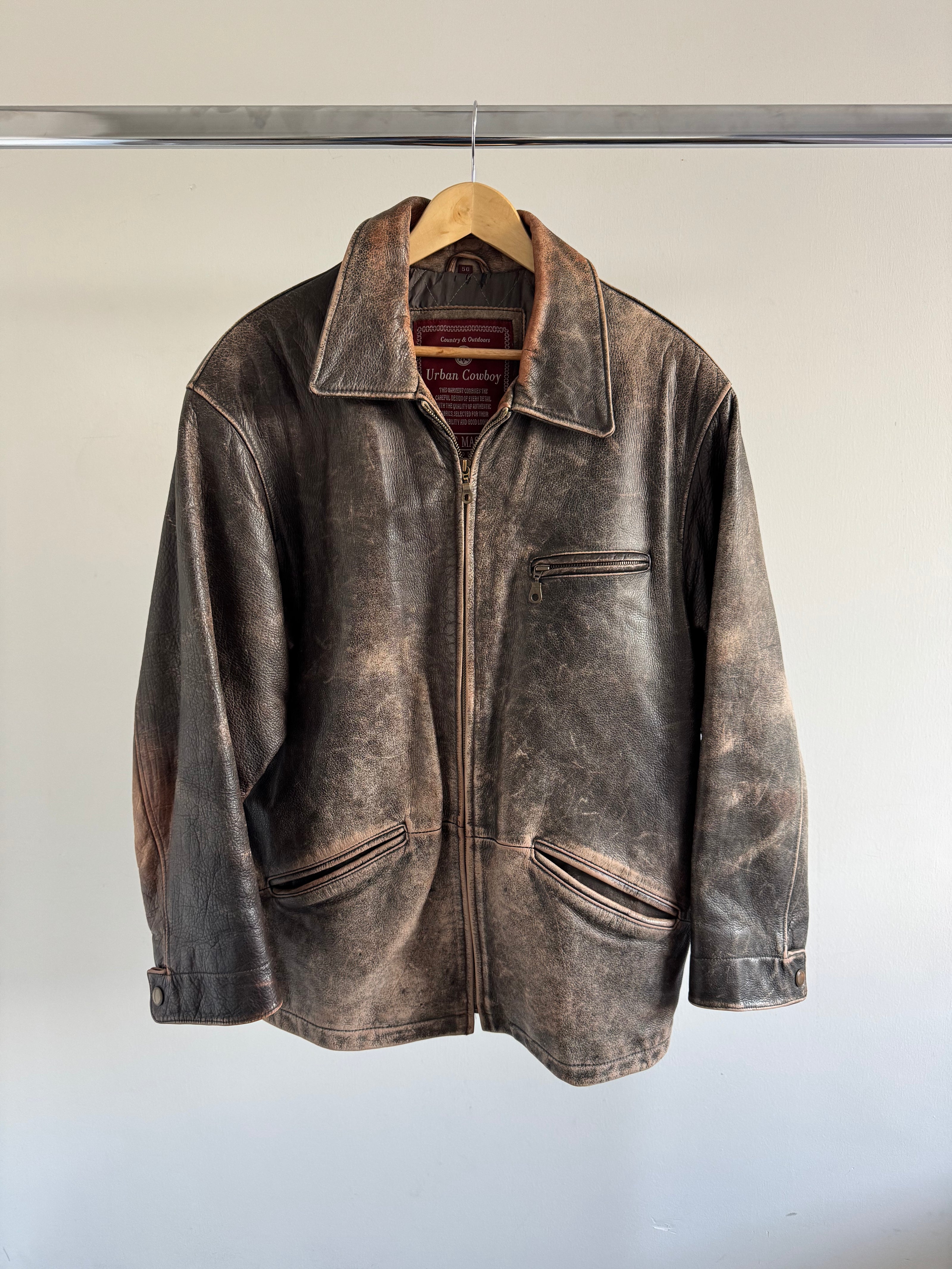 Super Oversized Distressed Brown/Grey Leather Vintage Jacket