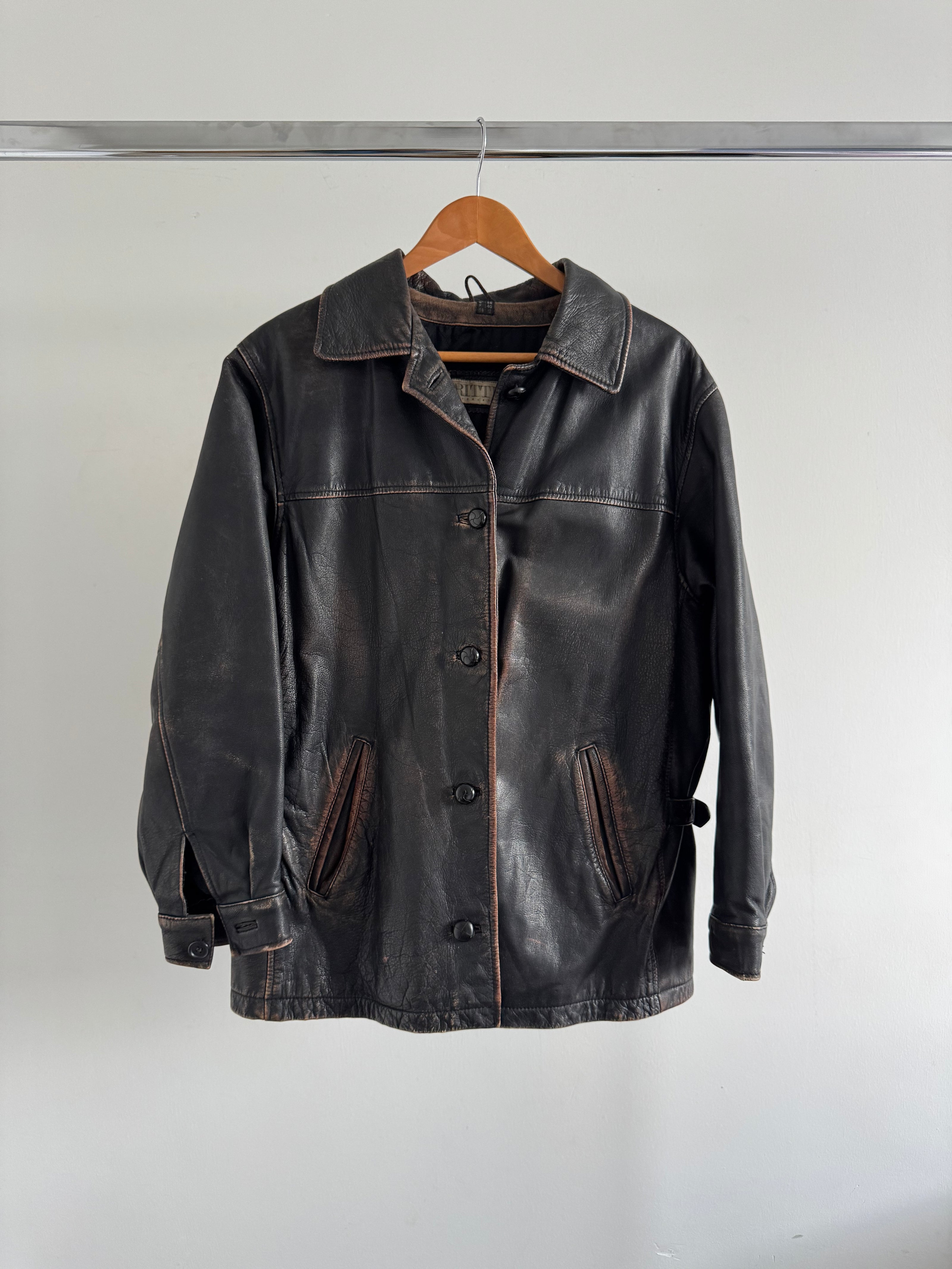 Black Worn/Distressed Buttoned Leather Jacket