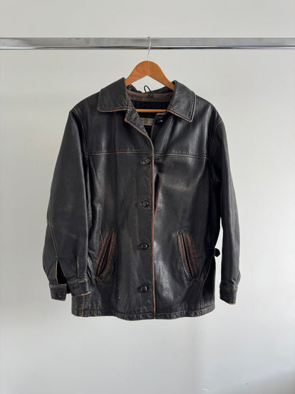 Black Worn/Distressed Buttoned Leather Jacket