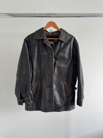 Black Worn/Distressed Buttoned Leather Jacket