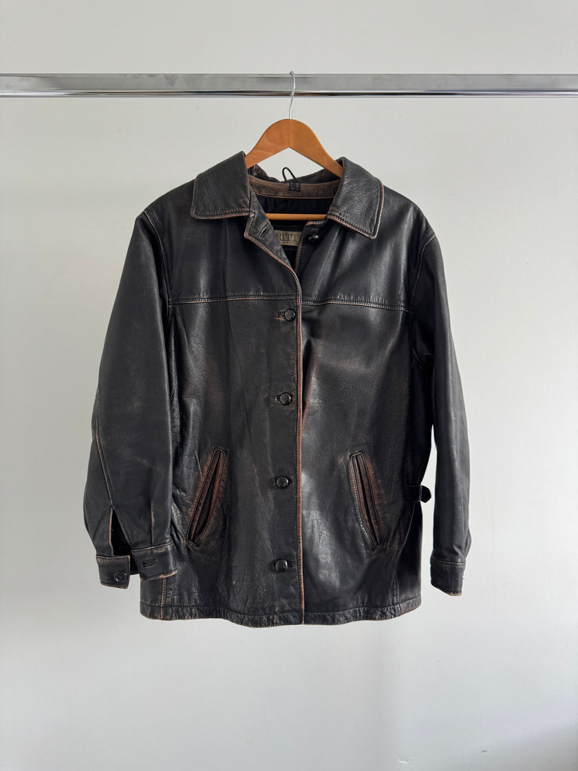 Black Worn/Distressed Buttoned Leather Jacket