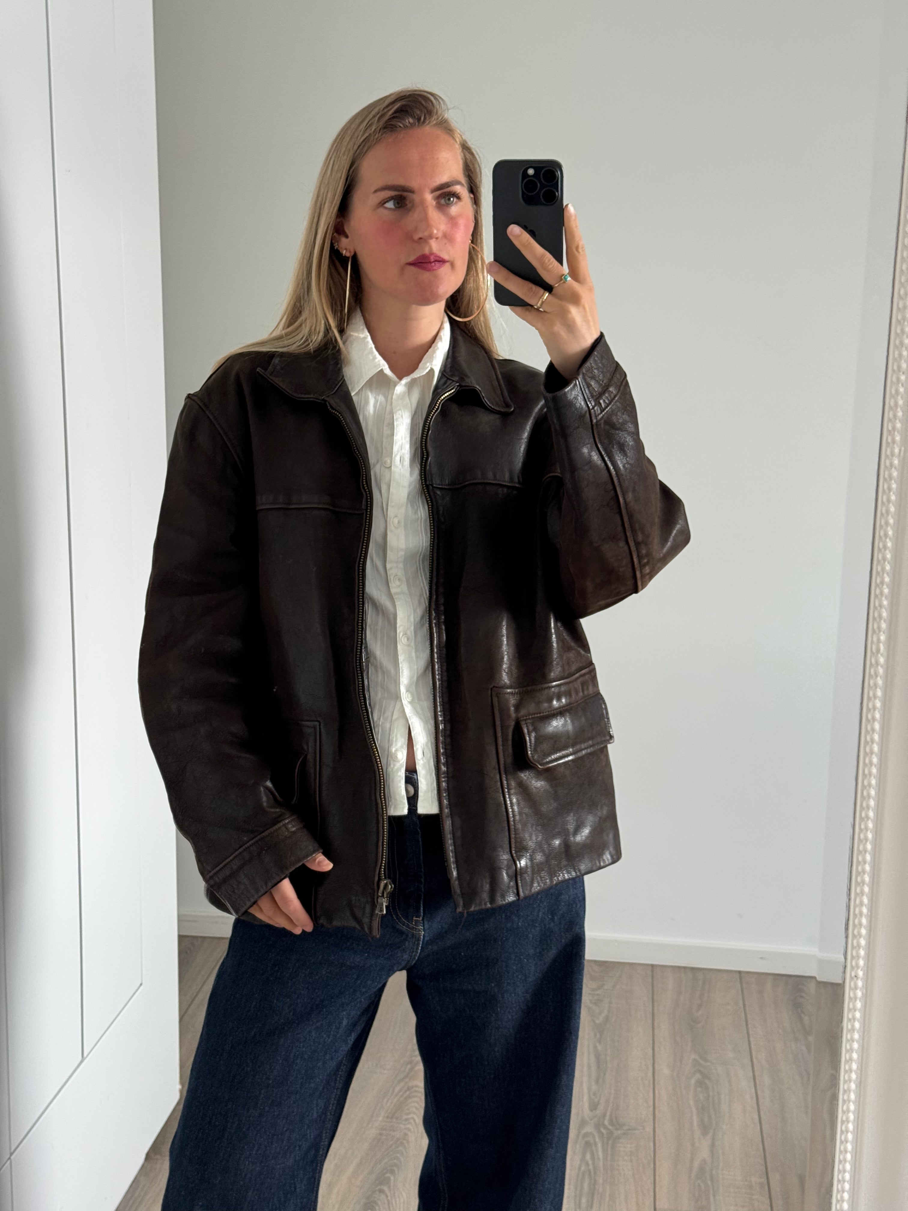 Oversized Dark Brown Leather Vintage Jacket