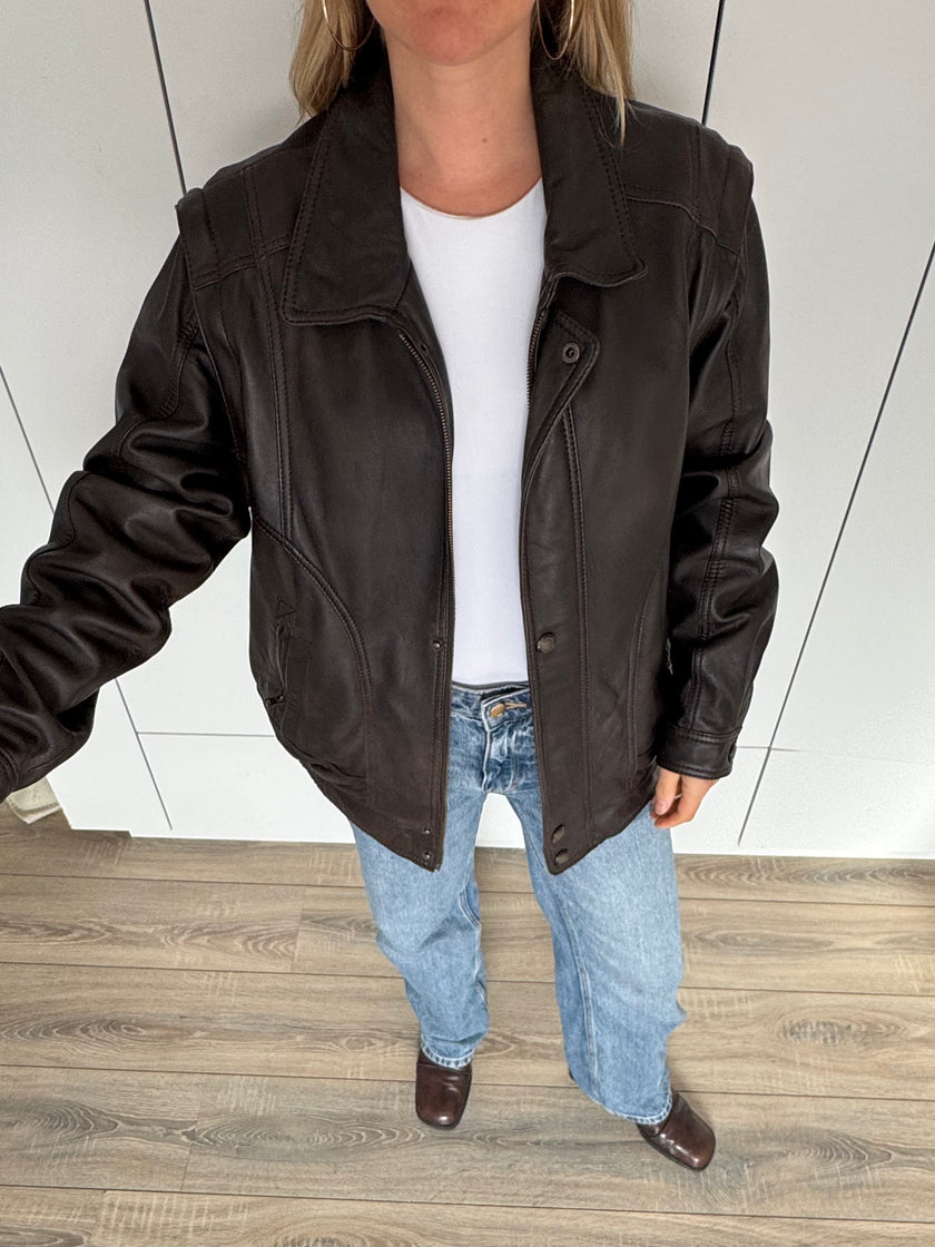 Oversized Brown Leather 90s Bomber Jacket