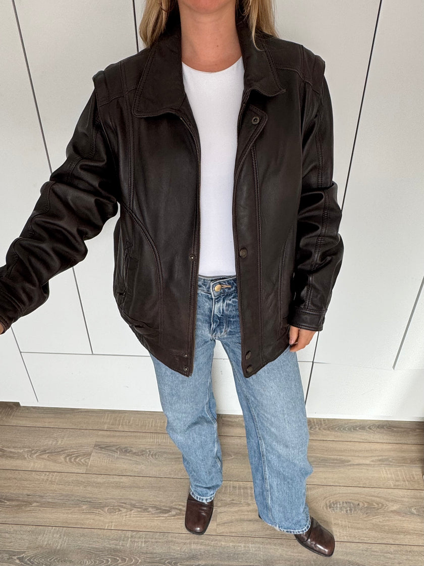 Oversized Brown Leather 90s Bomber Jacket