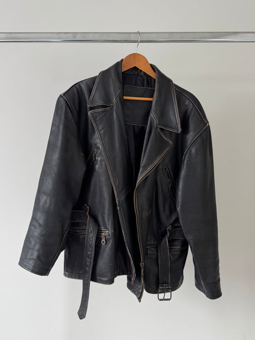Vintage Oversized Black Leather Biker Jacket