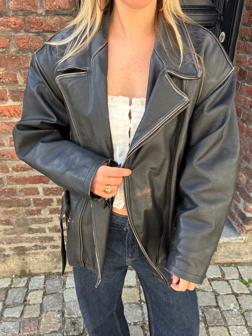 Vintage Oversized Black Leather Biker Jacket