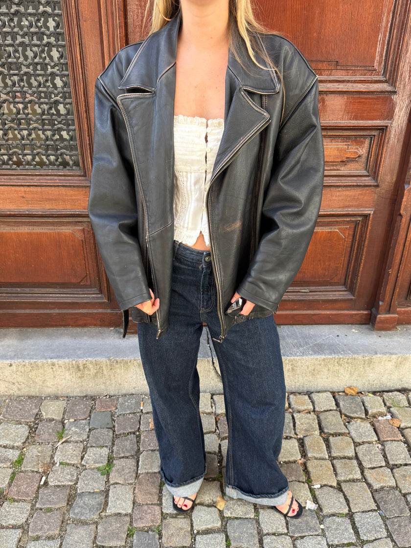 Vintage Oversized Black Leather Biker Jacket