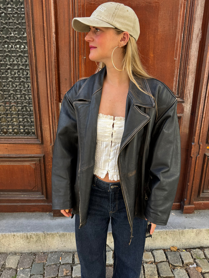 Vintage Oversized Black Leather Biker Jacket
