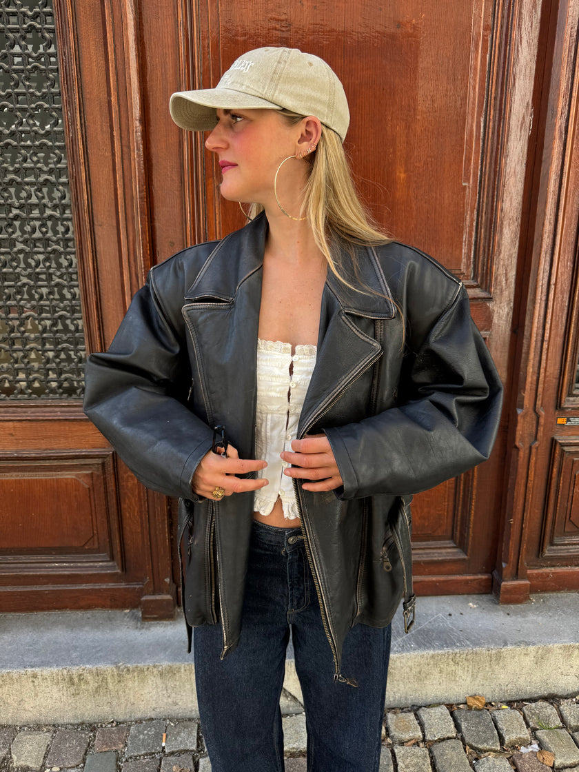 Vintage Oversized Black Leather Biker Jacket