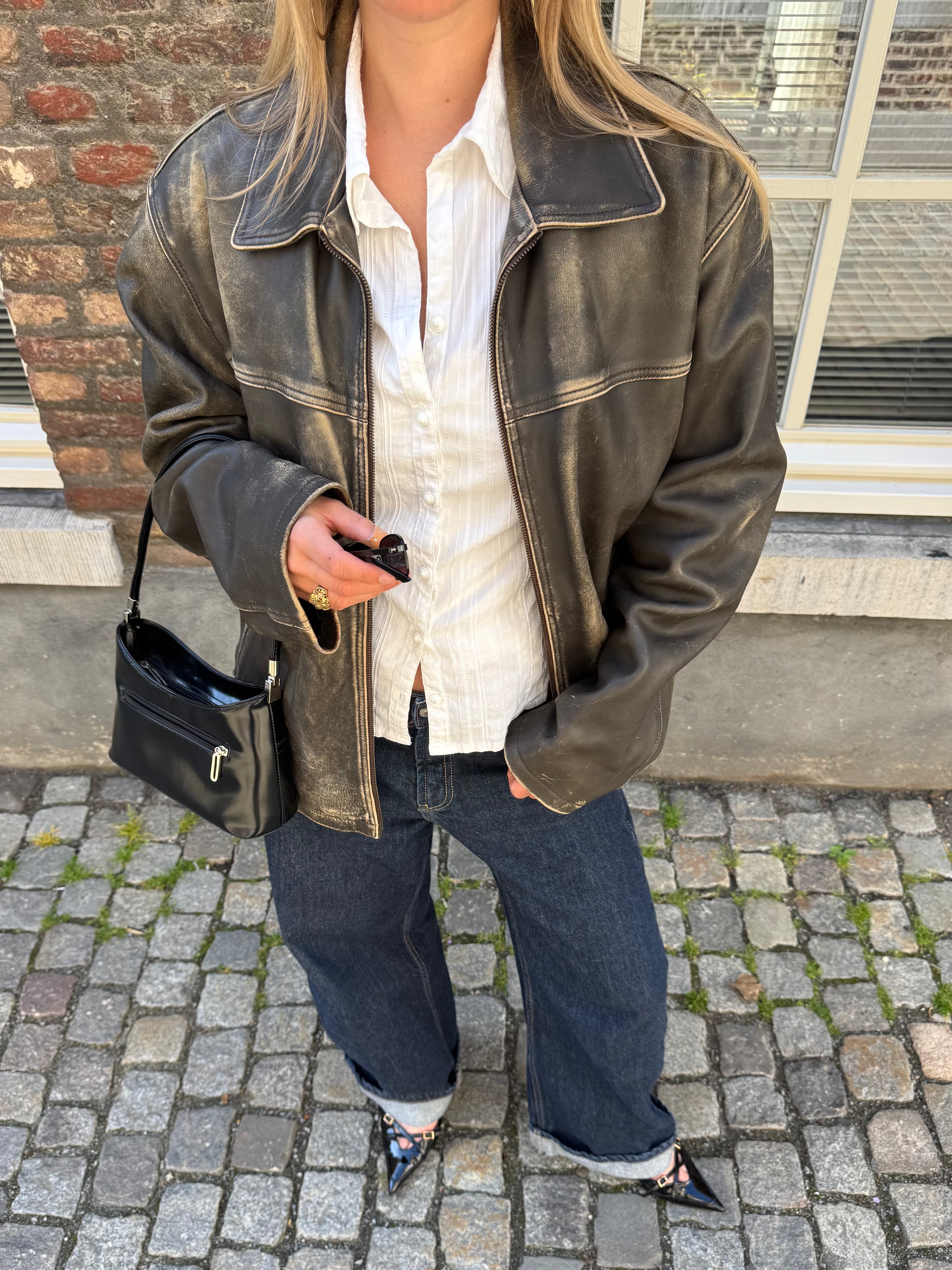 Distressed Grey / Beige Faded Leather Jacket