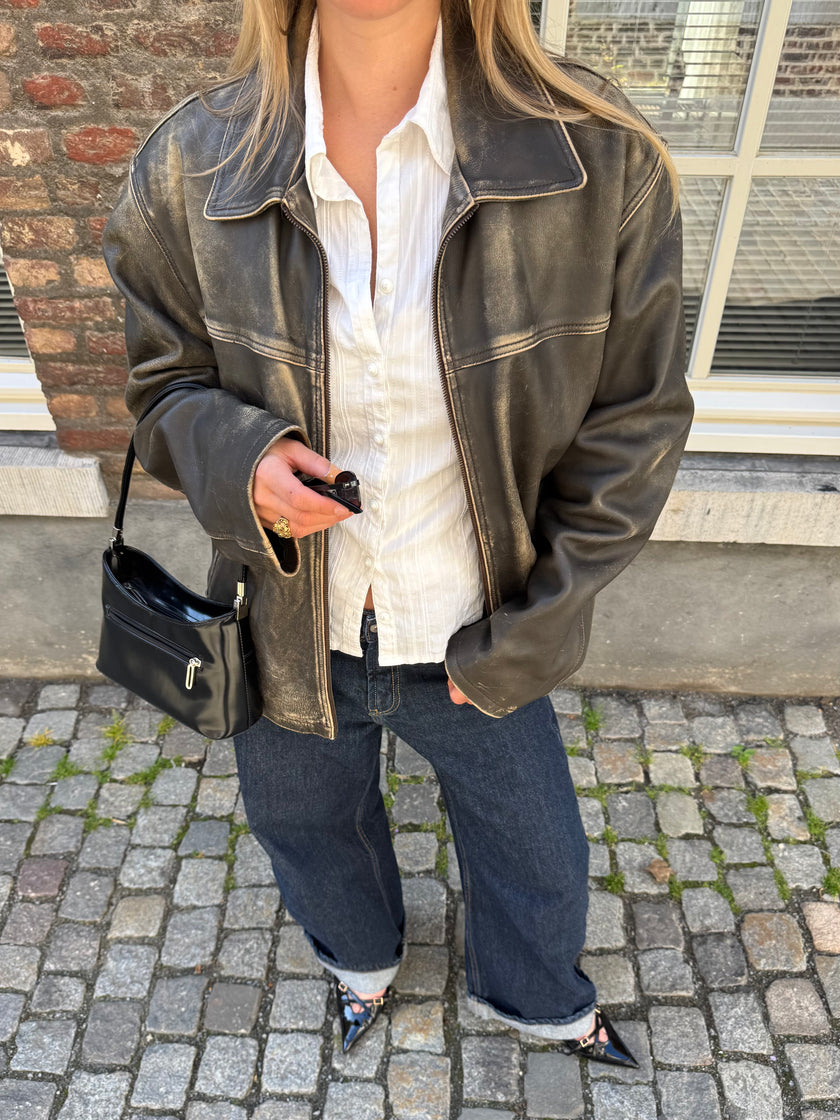 Distressed Grey / Beige Faded Leather Jacket