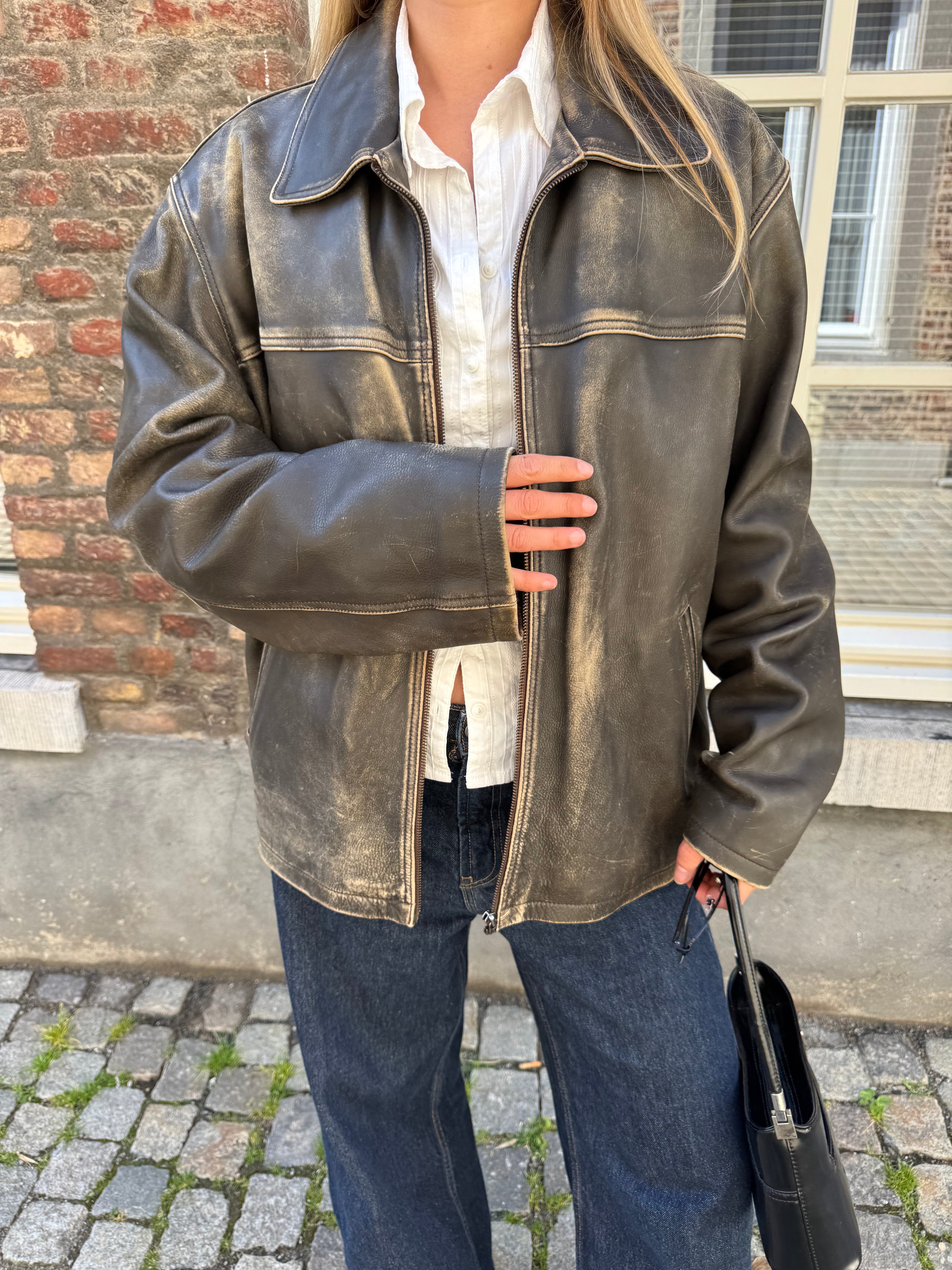 Distressed Grey / Beige Faded Leather Jacket