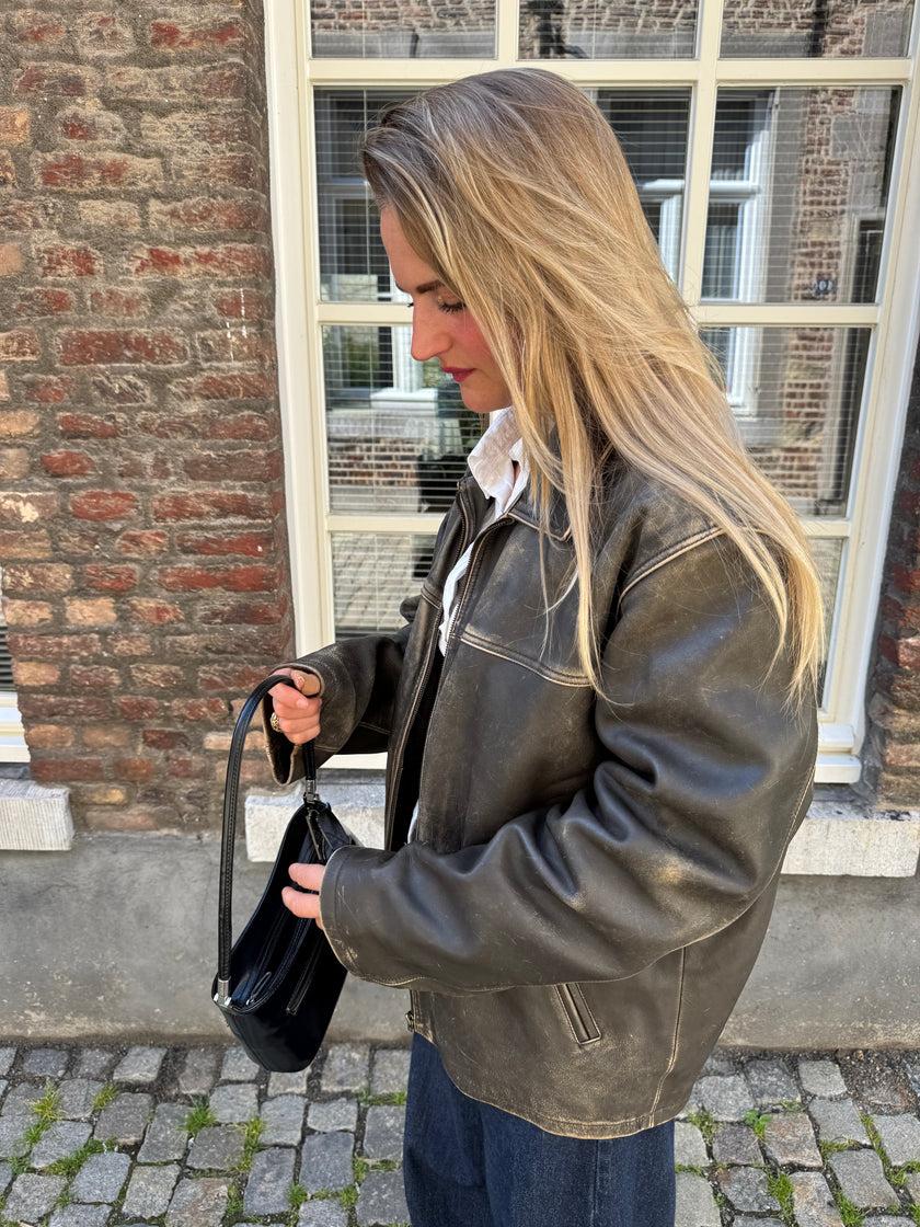 Distressed Grey / Beige Faded Leather Jacket