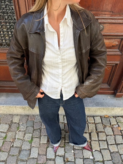 Oversized Dark Brown Leather Vintage Jacket