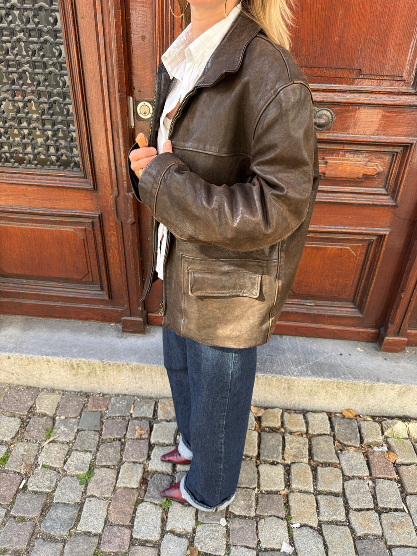 Oversized Dark Brown Leather Vintage Jacket