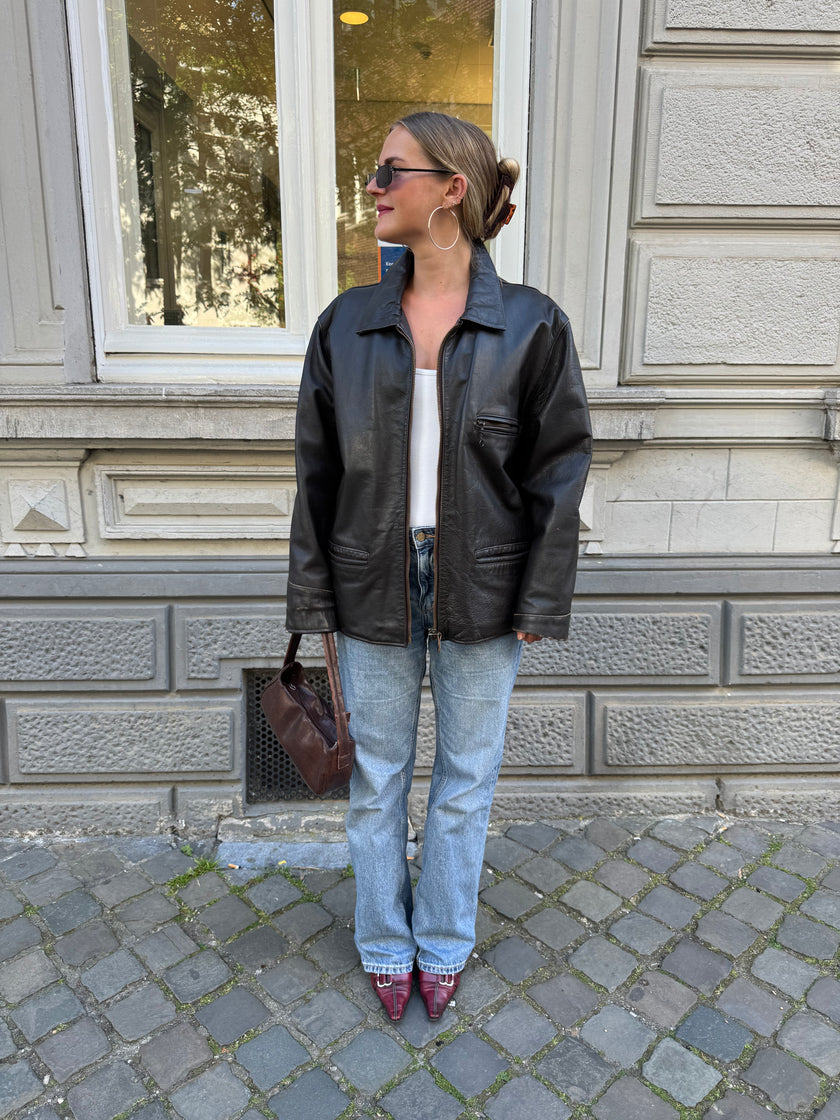 Oversized Dark Brown Leather Vintage Jacket