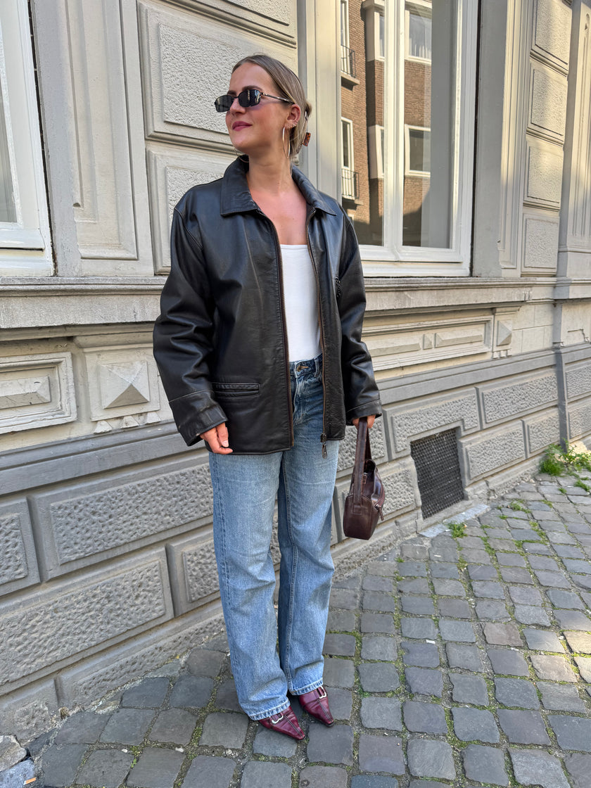 Oversized Dark Brown Leather Vintage Jacket