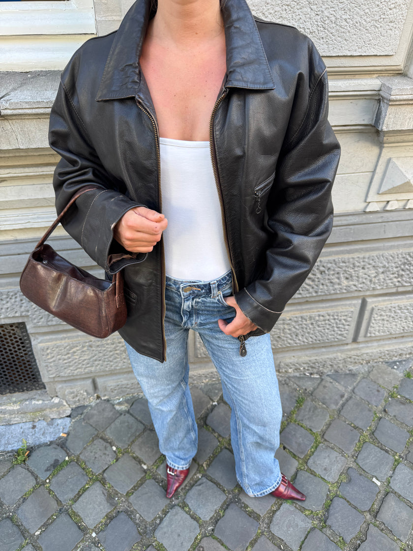 Oversized Dark Brown Leather Vintage Jacket