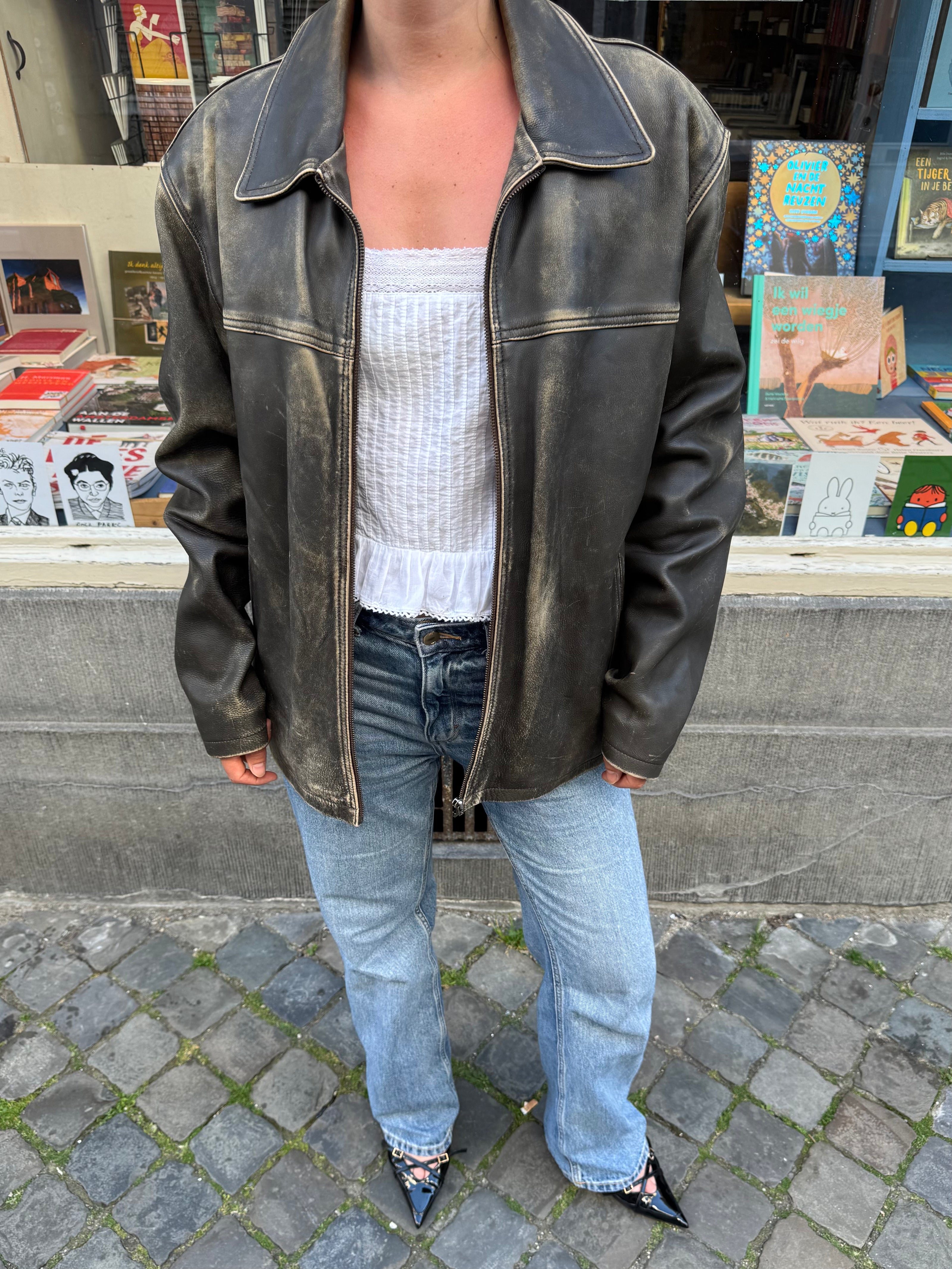 Distressed Grey / Beige Faded Leather Jacket