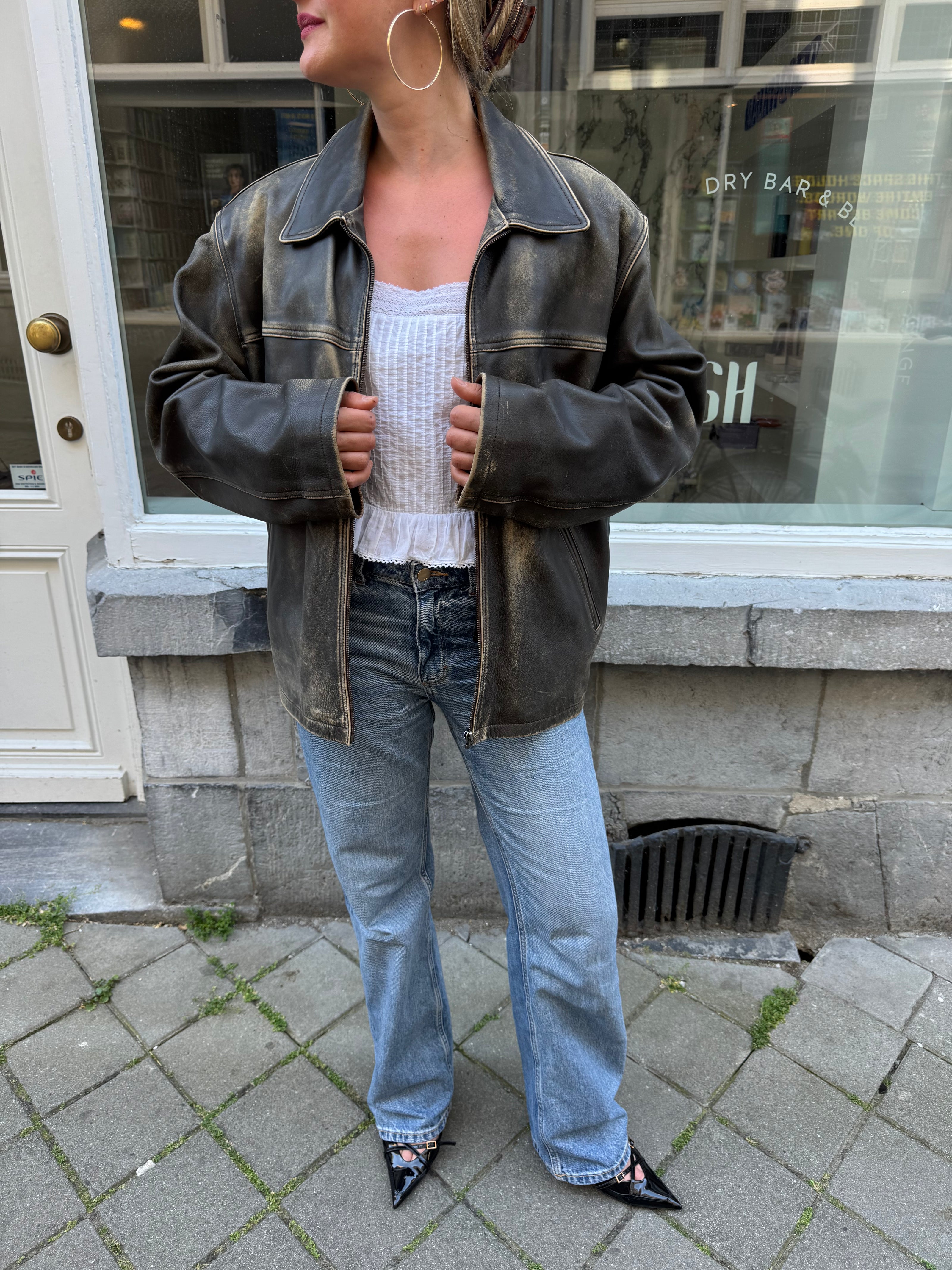 Distressed Grey / Beige Faded Leather Jacket