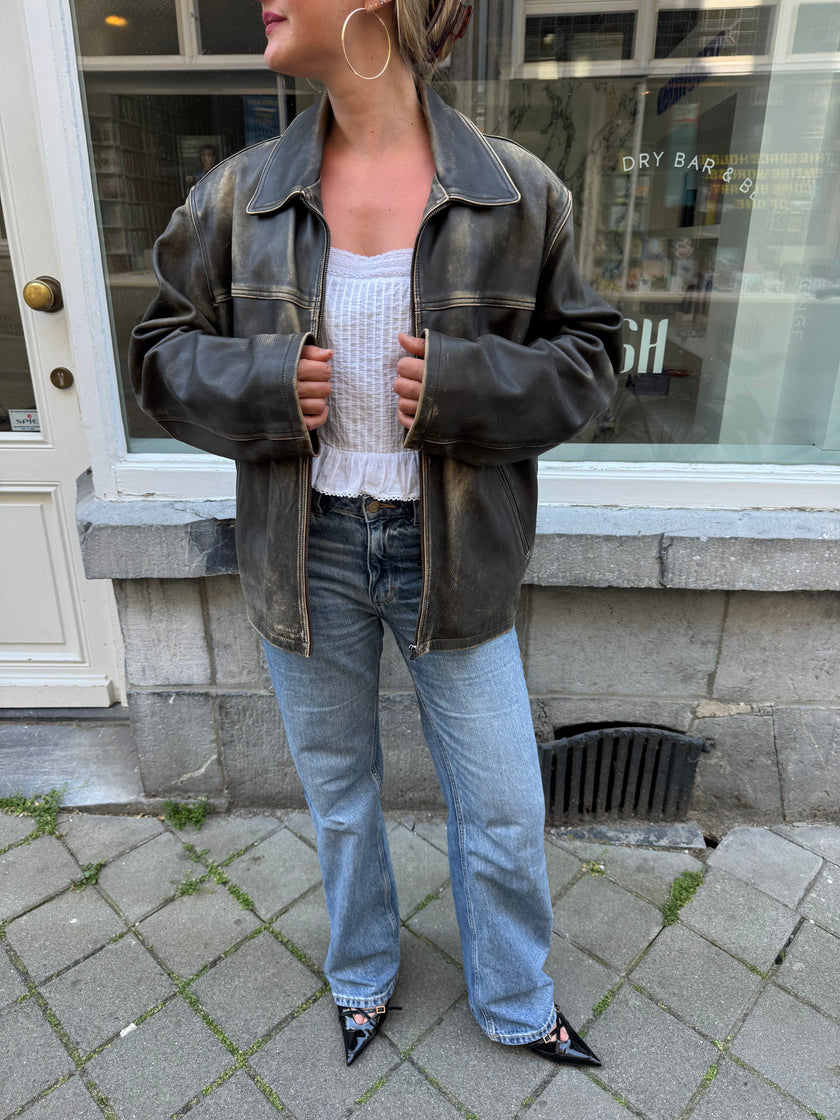 Distressed Grey / Beige Faded Leather Jacket