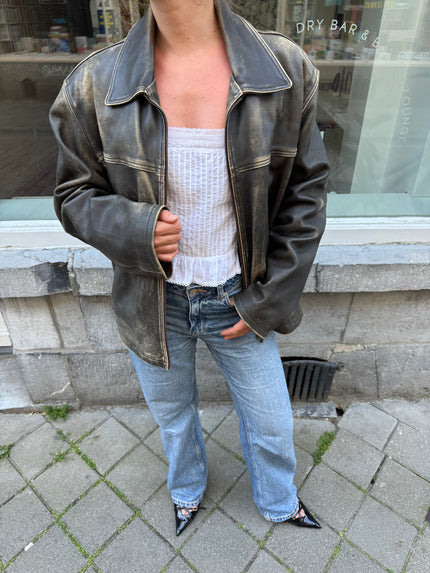 Distressed Grey / Beige Faded Leather Jacket