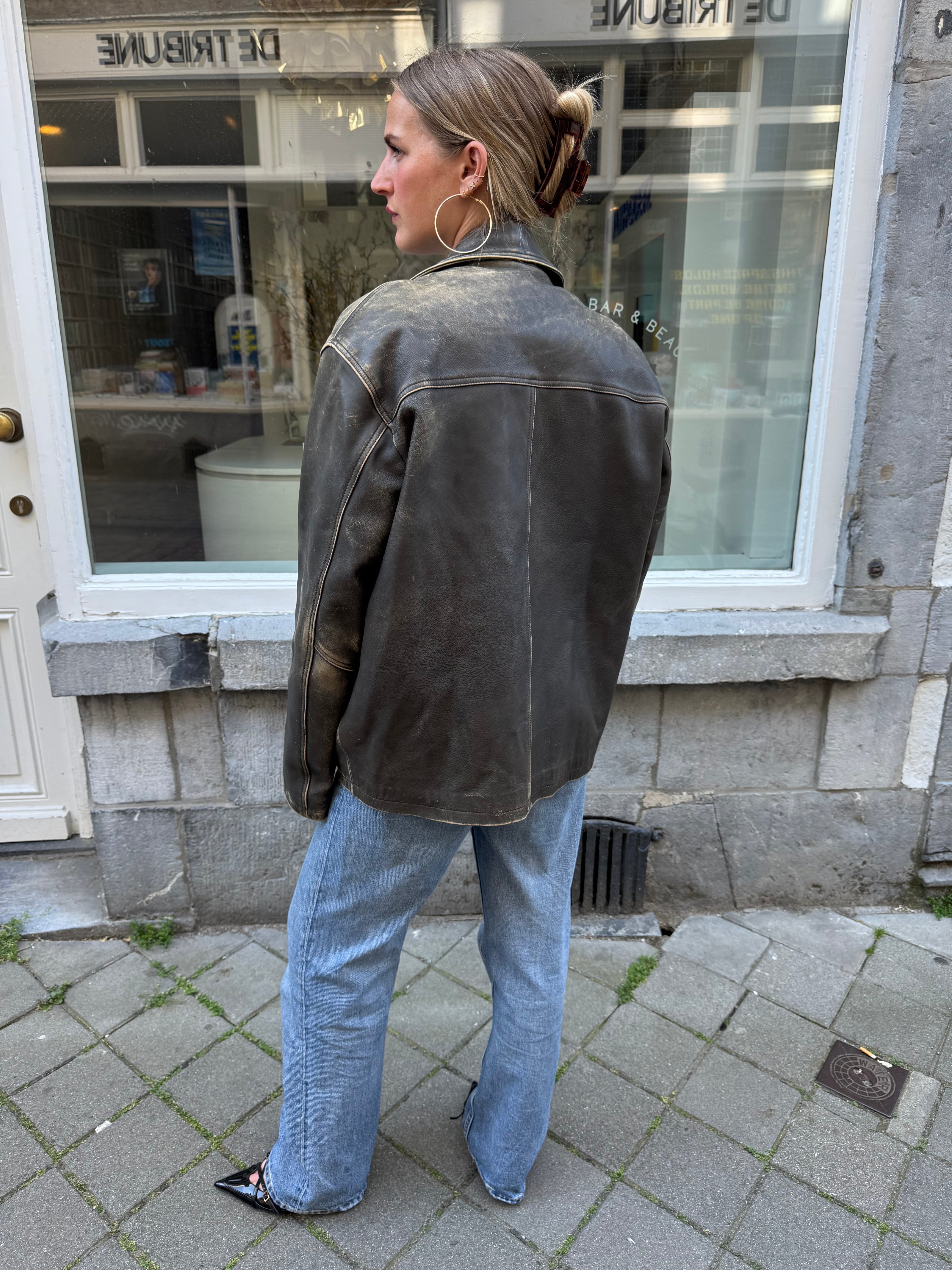 Distressed Grey / Beige Faded Leather Jacket