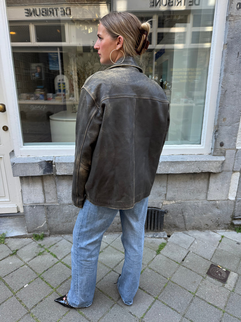 Distressed Grey / Beige Faded Leather Jacket