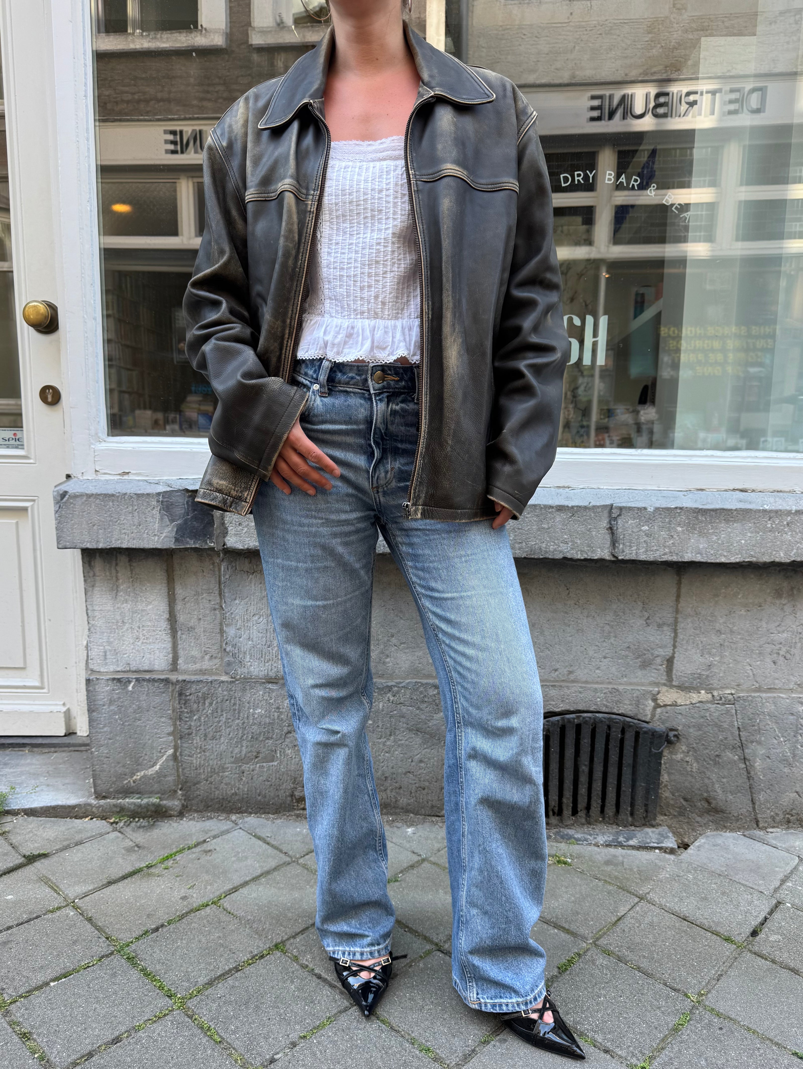 Distressed Grey / Beige Faded Leather Jacket