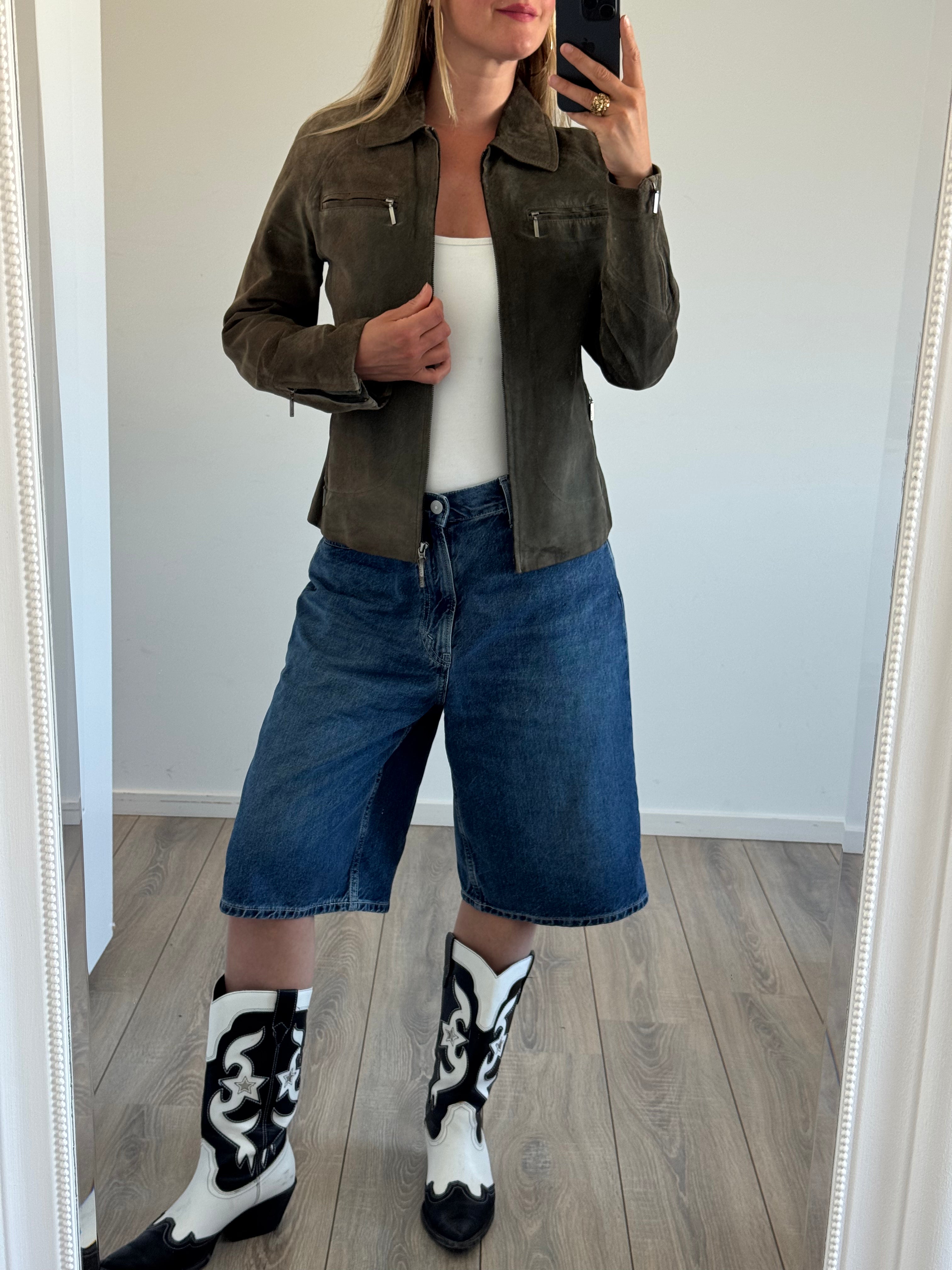 Khaki / Green Short Suede Jacket