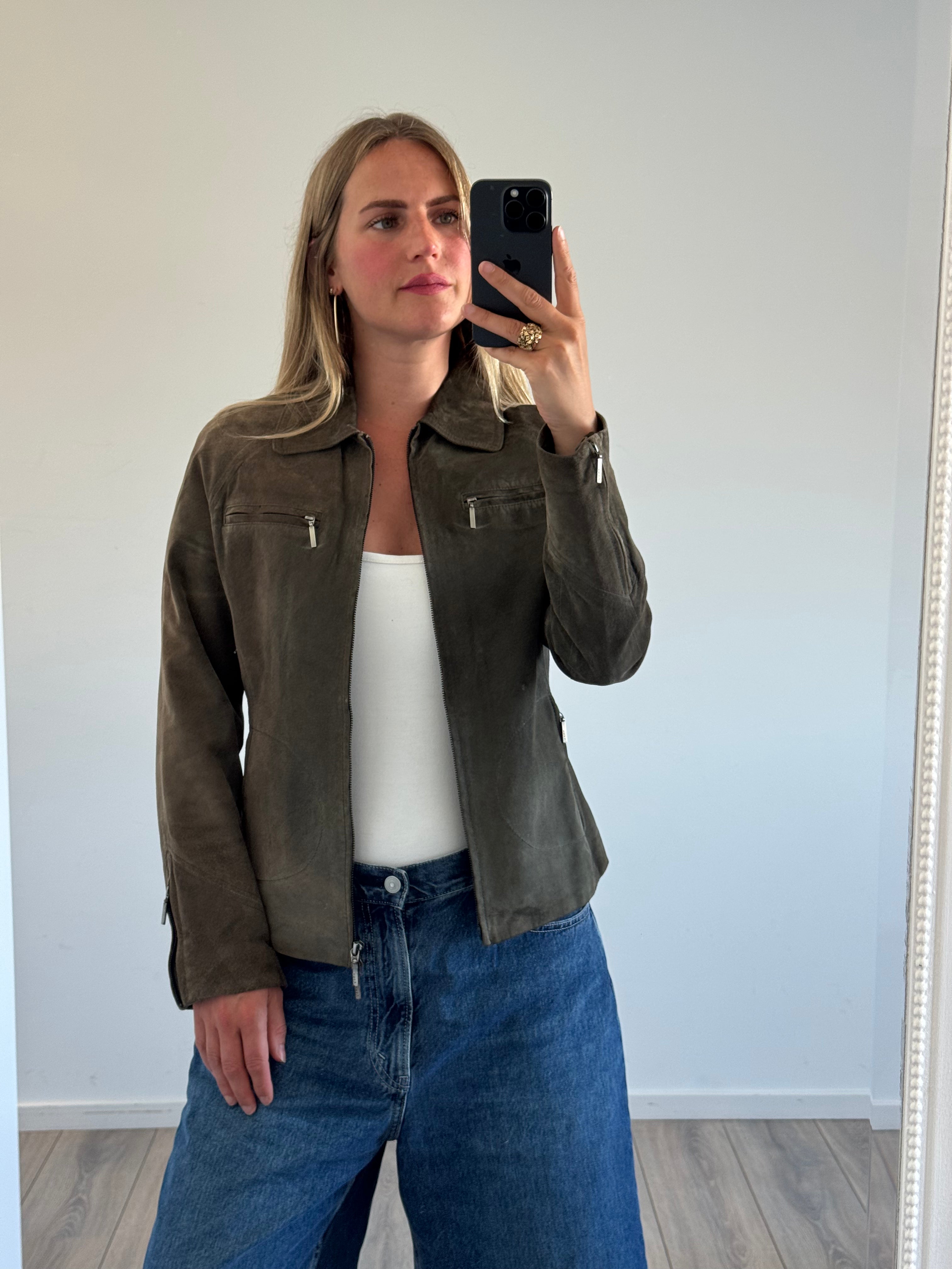 Khaki / Green Short Suede Jacket
