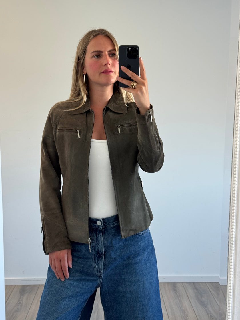 Khaki / Green Short Suede Jacket