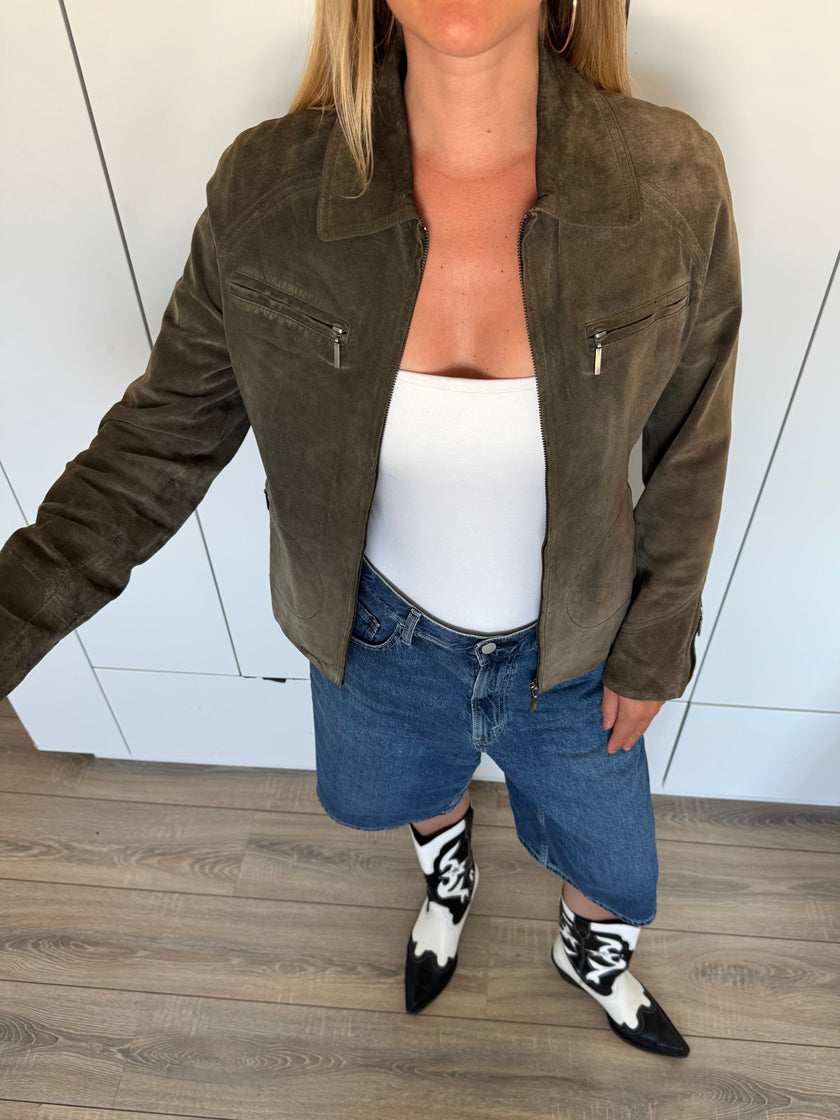 Khaki / Green Short Suede Jacket