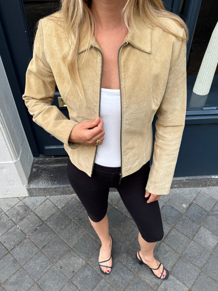 Fitted Short Beige Suede Vintage Jacket