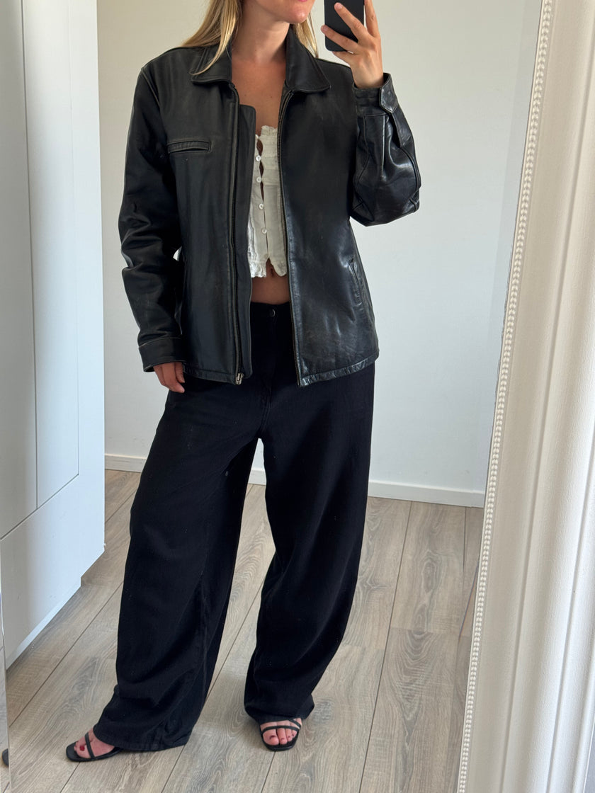 Black Leather Oversized Vintage Bomber