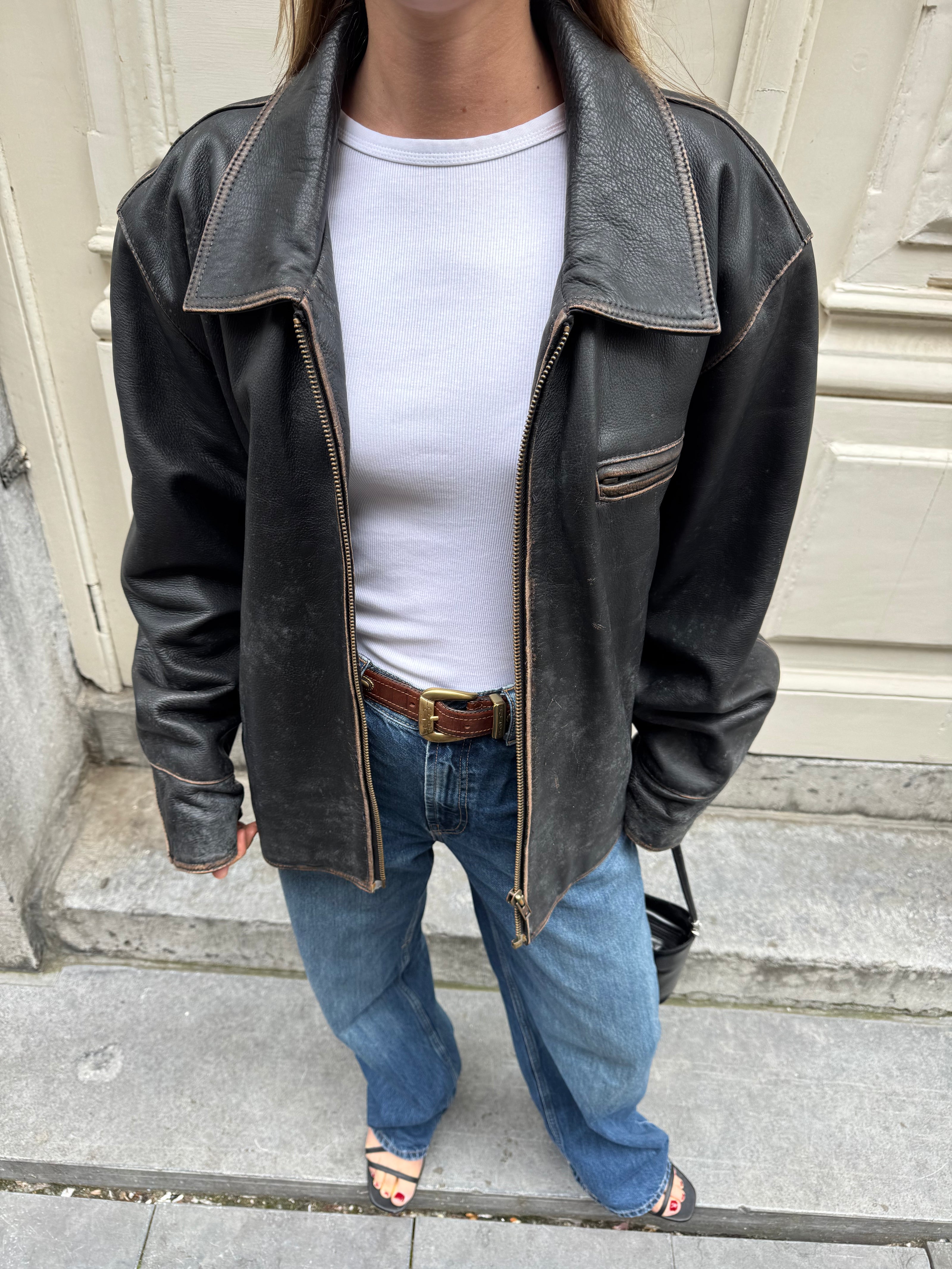 Worn / Distressed Black Oversized Leather Jacket