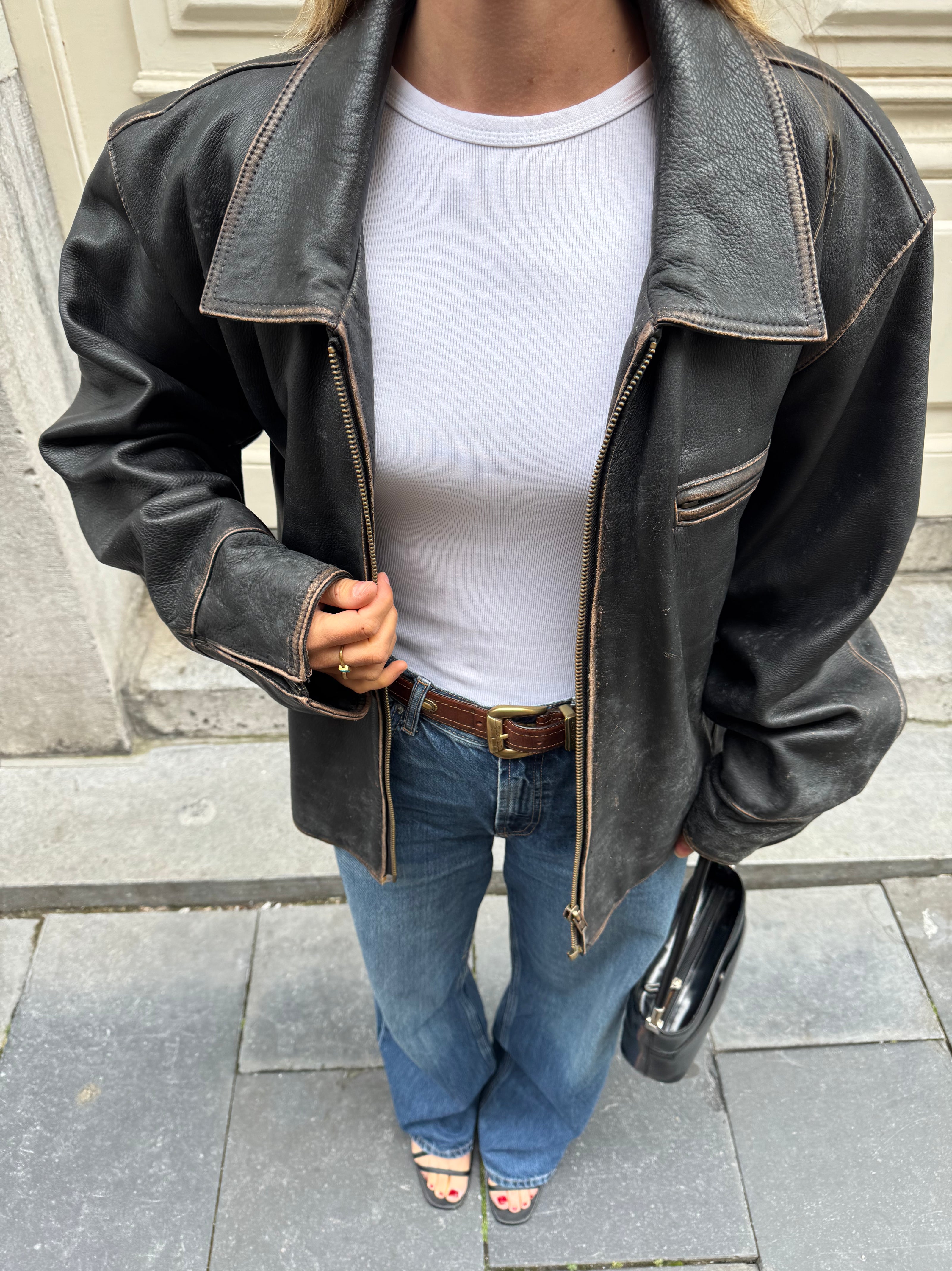 Worn / Distressed Black Oversized Leather Jacket