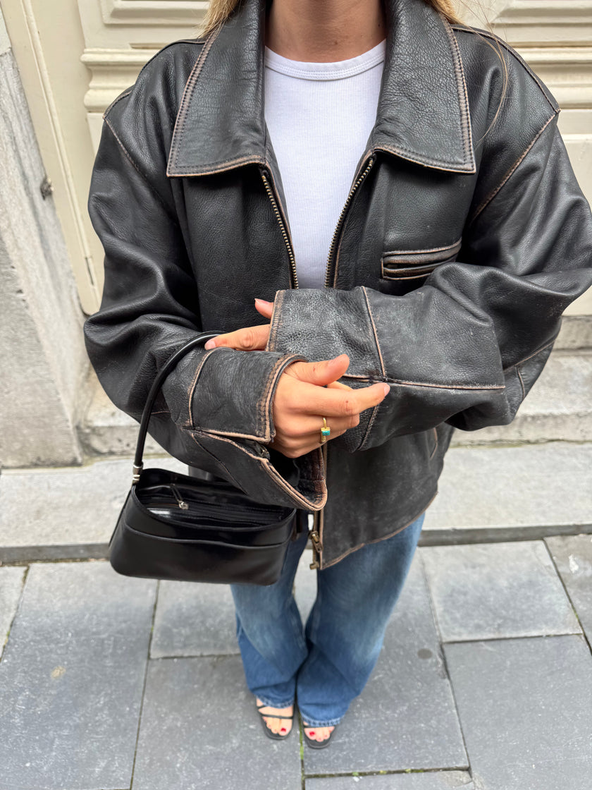 Worn / Distressed Black Oversized Leather Jacket