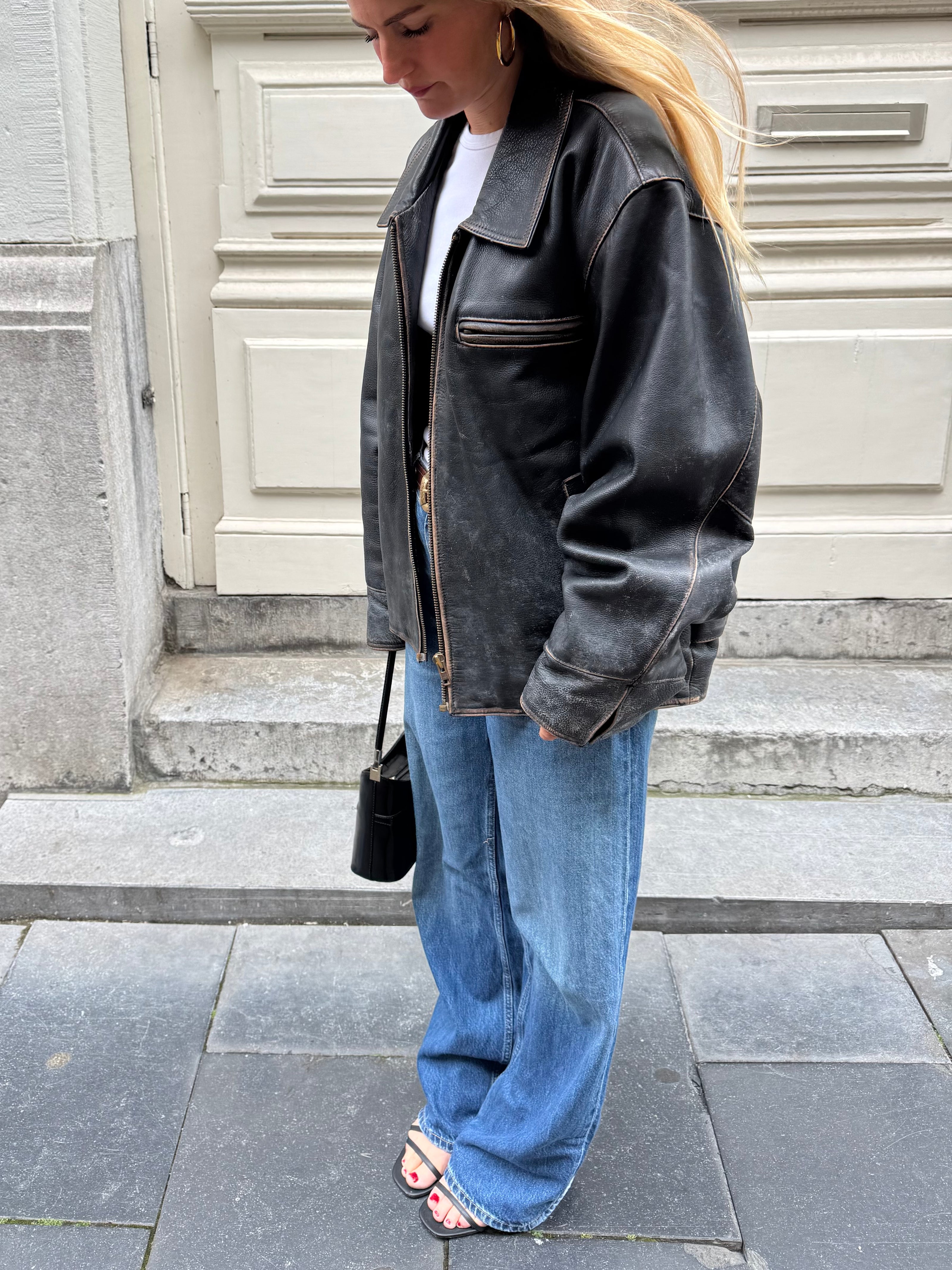 Worn / Distressed Black Oversized Leather Jacket