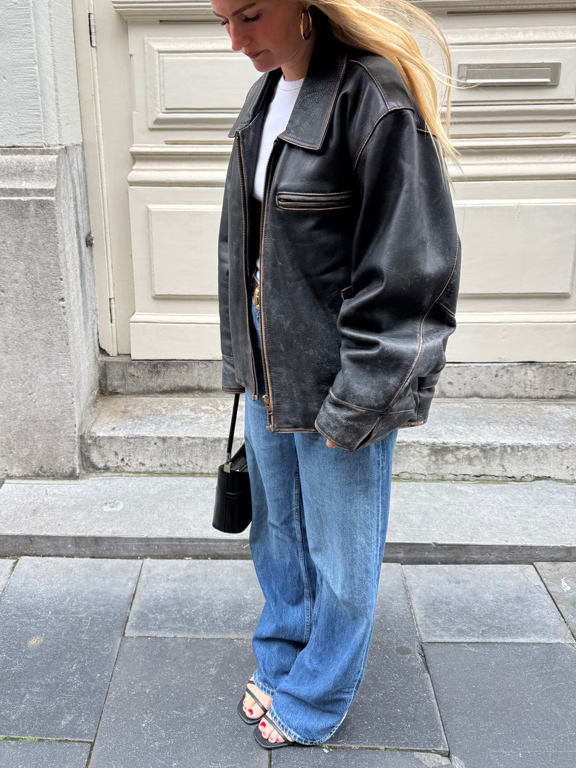 Worn / Distressed Black Oversized Leather Jacket
