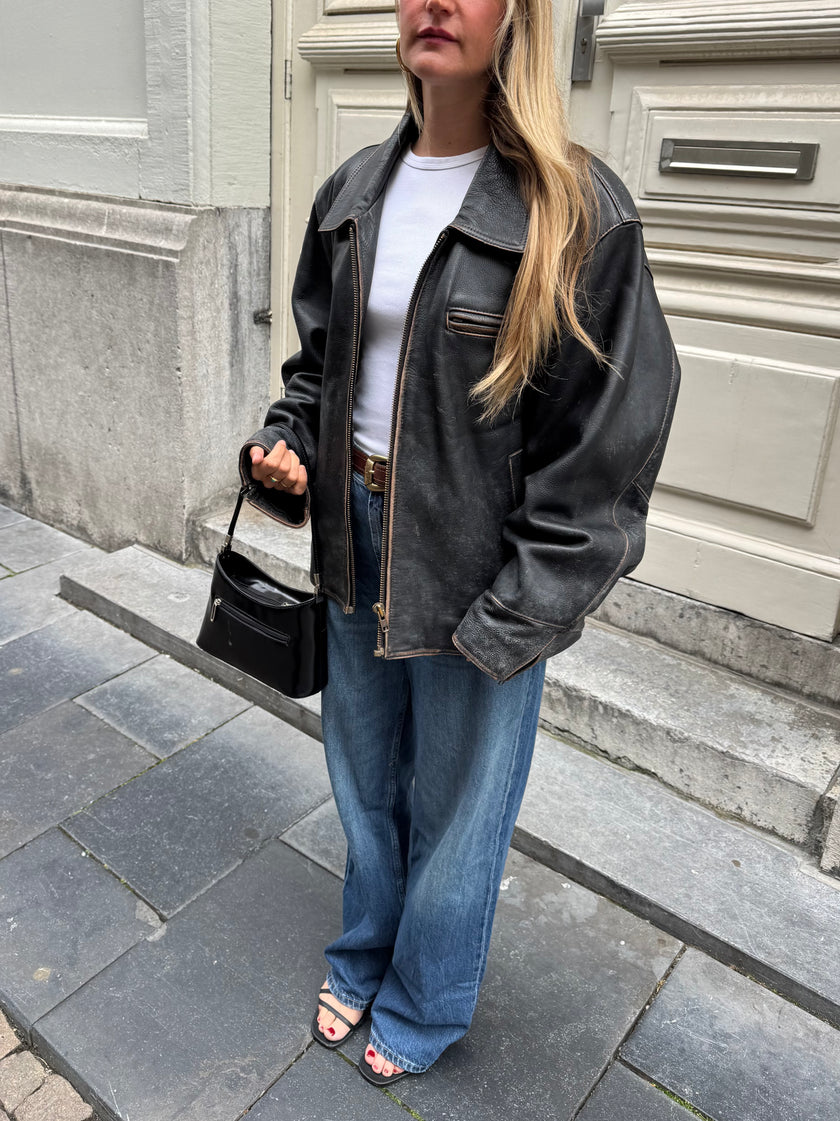 Worn / Distressed Black Oversized Leather Jacket