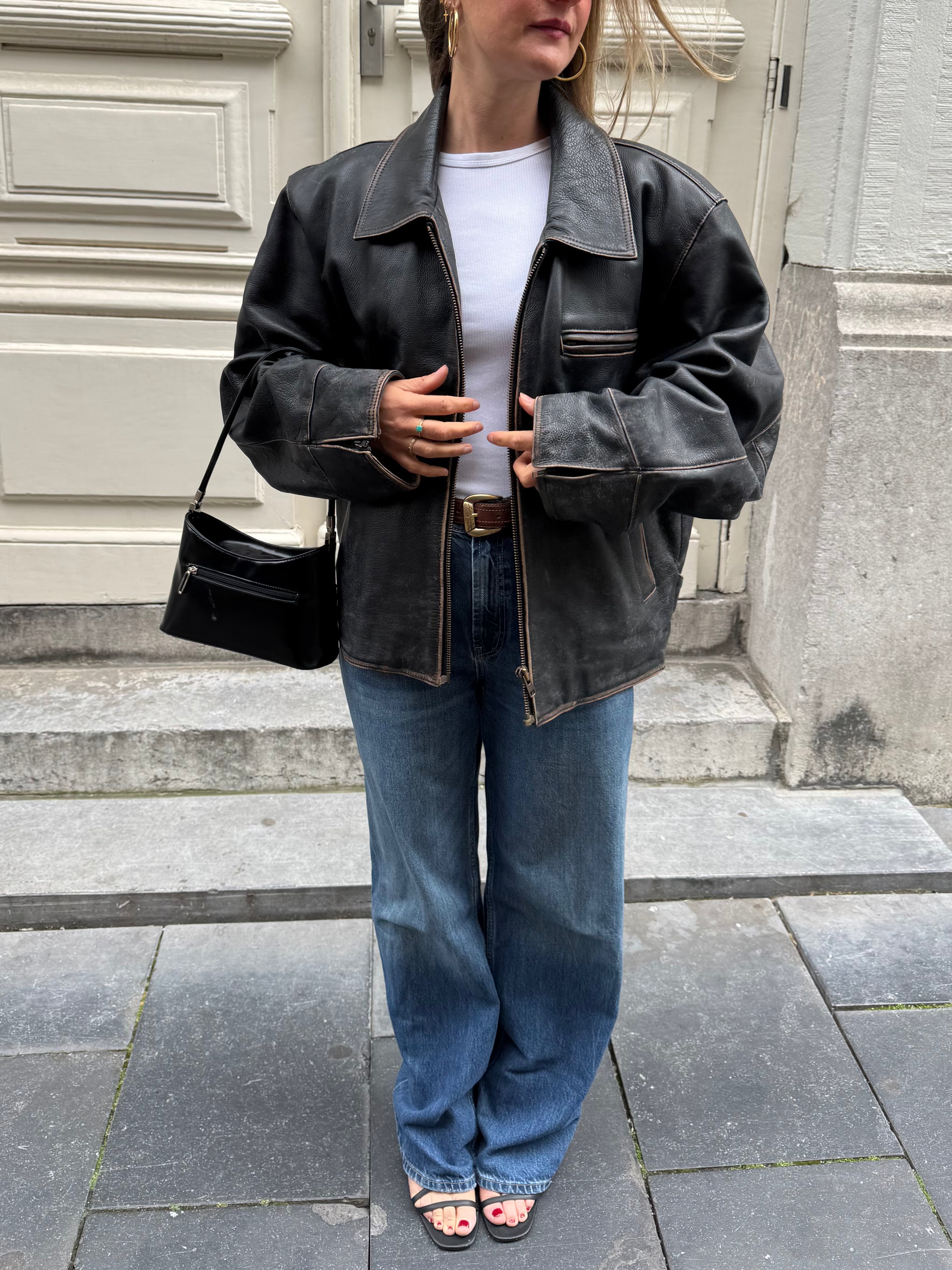 Worn / Distressed Black Oversized Leather Jacket